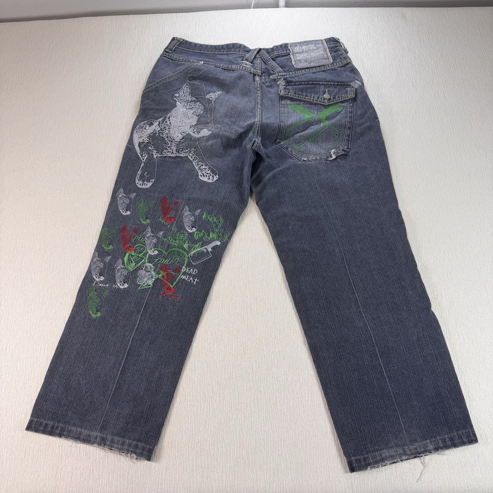 Vintage Artful Dodger British Y2K Fighting Dogs Embroidered  Jeans 38x28 Baggy